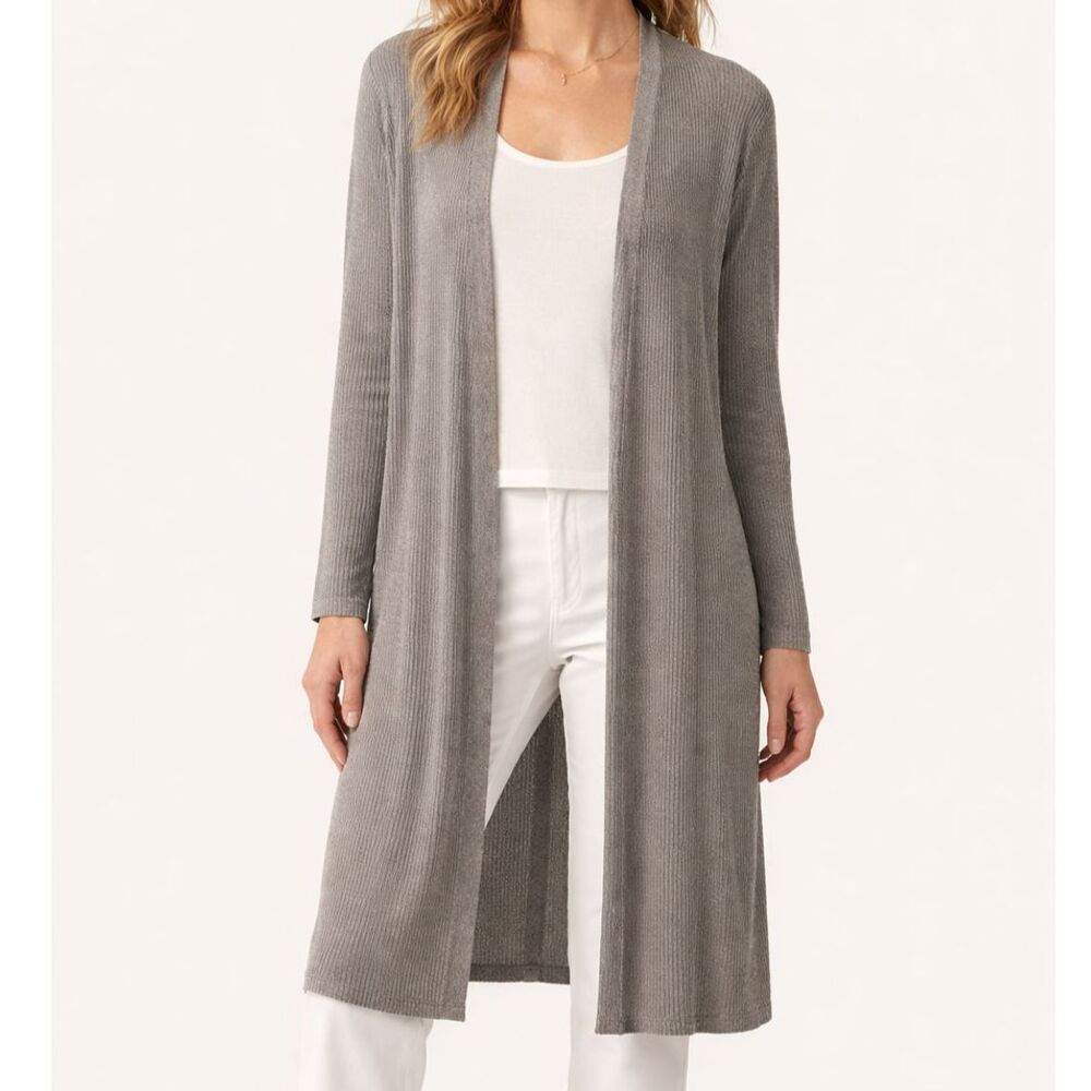 Eileen Fisher Cardigan Button Front Longline Gray Organic Linen Sweater Small